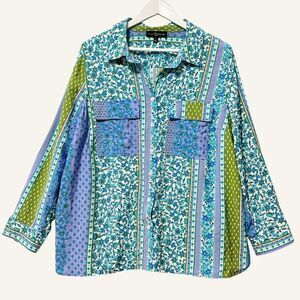 Fred David Paisley Mixed Print Button Up Blouse Size 1X Blue Green Long Sleeve